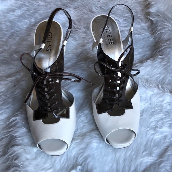GUESS IVORY & BROWN HEELS - Picture 1 of 5